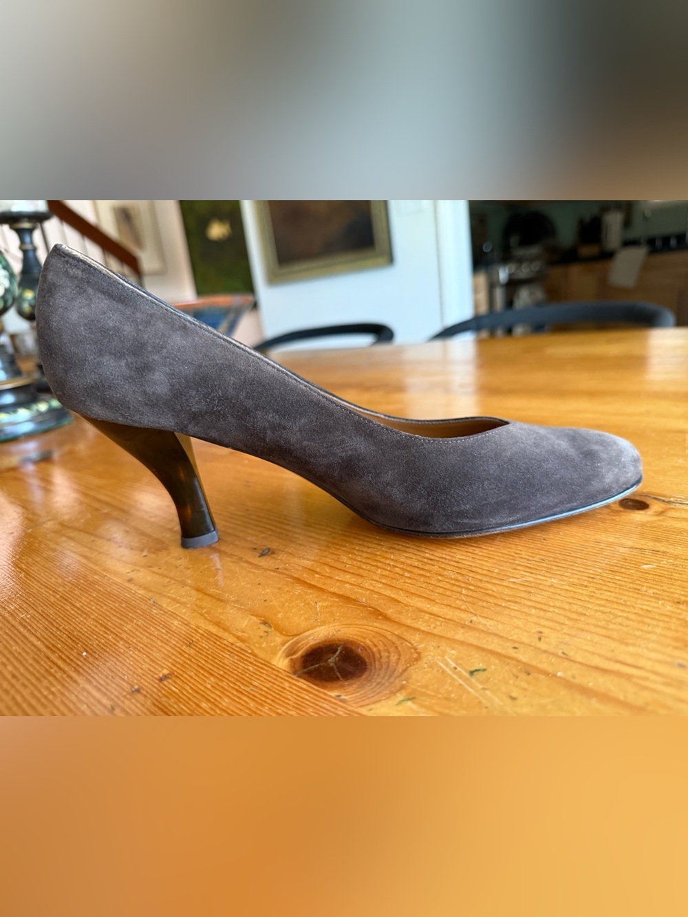Salvatore Ferragamo Brown Suede Mid Heel Pump with tortoise resin heel